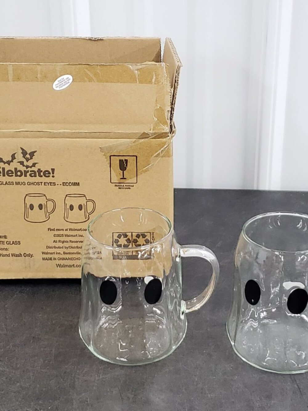 Halloween Glass Mugs ! 2-Pack Ghost Eyes Way to Celebrate NIB**READ**